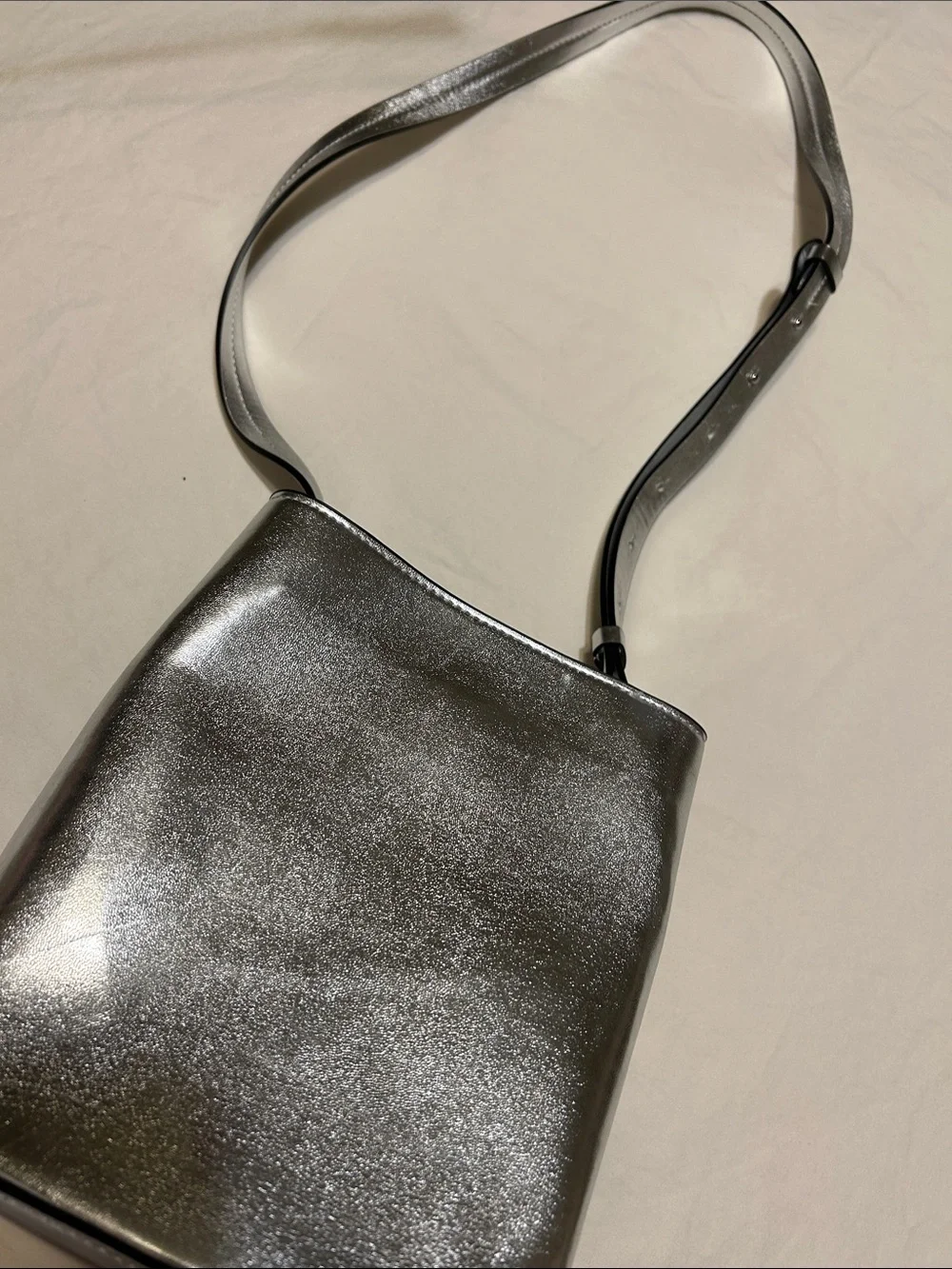 French Connection Silver Metallic Leather Crossbody Bucket Bag